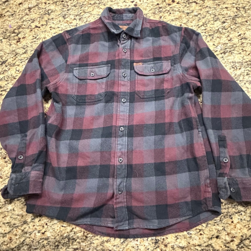 Orvis Mens Flannel Shirt Medium Burgundy Grey Black Shacket Plaid Button Down‎